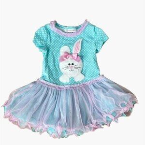 Bonnie Jean Easter Bunny Appliqued Blue White Polka Dot Dress Girls Size 24 mont